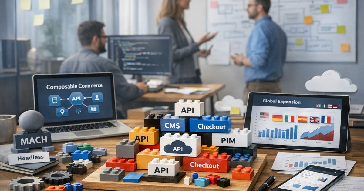 Composable commerce bouwblokken met API, CMS, PIM en Checkout componenten