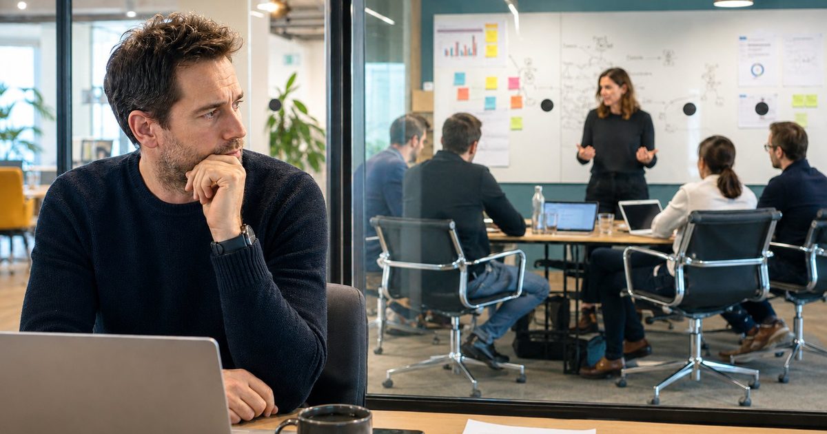 Founder kijkt peinzend terwijl team op achtergrond vergadert