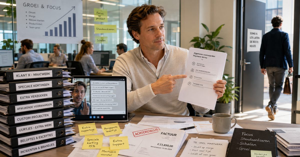Founder wijst op zijn algemene voorwaarden aan een bureau vol maatwerkmappen en een achterstallige factuur