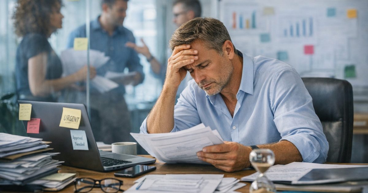 Overwerkte ondernemer achter bureau vol papierwerk en urgente taken