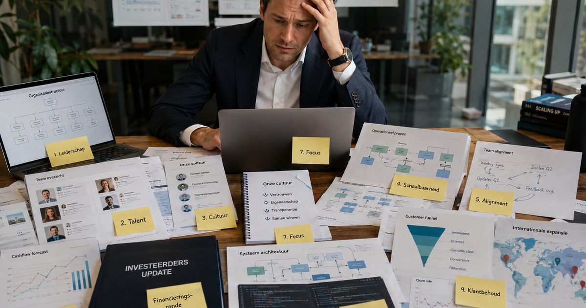 Directielid aan een bureau vol dashboards, organigrammen en gele memo's met de tien scale-up vraagstukken