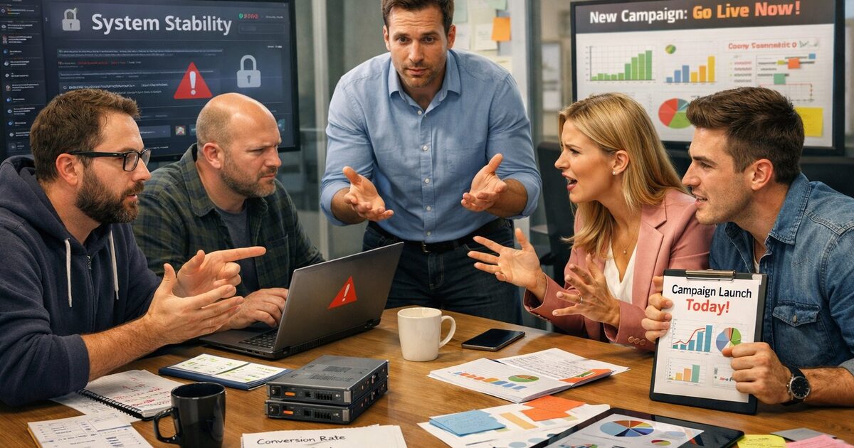 IT- en marketingteam in discussie aan vergadertafel